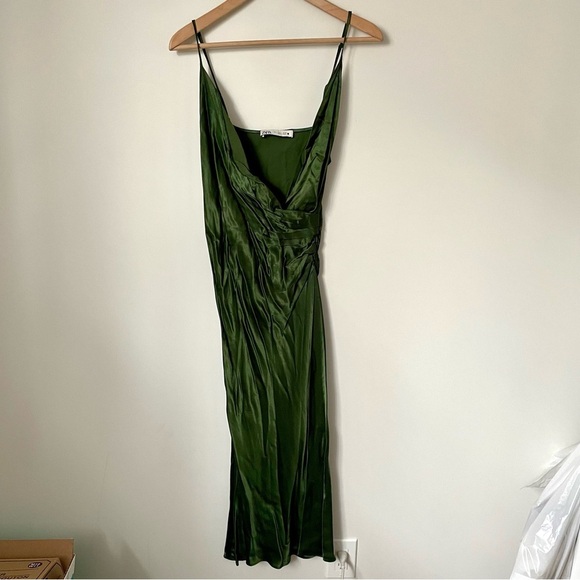 Zara Satin Draped Midi Dress Forest Green Blogger Fave Event Dress - Picture 4 of 9